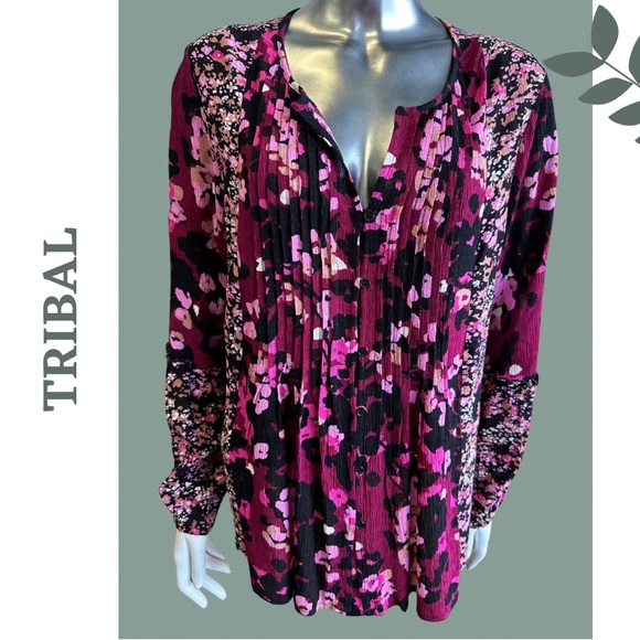 Tribal Flowy Blouse Floral Mixed Print Bob Pintuck Detail Purple Pink Size Small - Picture 6 of 11